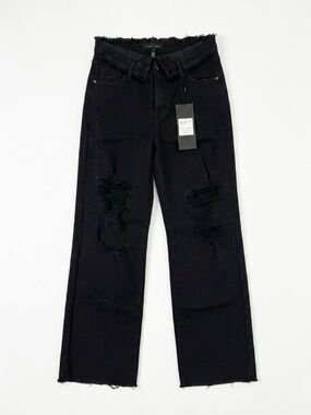 Risen Jeans NWT Black Distressed Foldover Waist Wide Leg Jeans Size 9/29